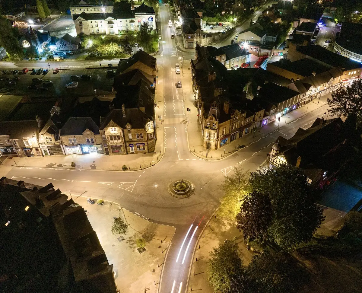 Crown Square in Matlock taken at night by our drone